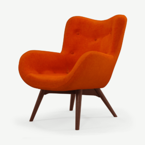 Doris Accent Armchair, Citrus Orange Velvet Fabric with Dark Wood Legs