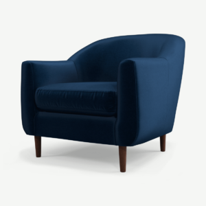 Tubby Armchair, Regal Blue Velvet Fabric with Dark Wood Legs