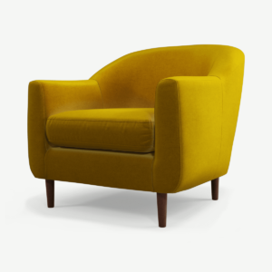 Tubby Armchair, Saffron Yellow Velvet Fabric with Dark Wood Legs