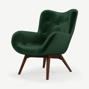 Doris Accent Armchair, Bottle Green Velvet Fabric with Dark Wood Legs