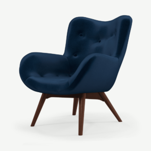 Doris Accent Armchair, Regal Blue Velvet Fabric with Dark Wood Legs