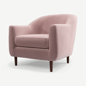 Tubby Armchair, Heather Pink Velvet Fabric with Dark Wood Legs