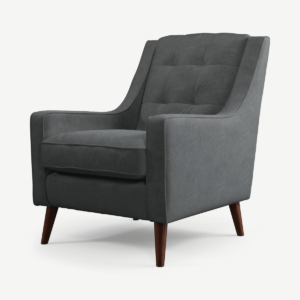 Atkinson Armchair, Dark Grey Recycled Velvet with Dark Wood Legs