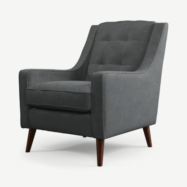 Atkinson Armchair, Dark Grey Recycled Velvet with Dark Wood Legs