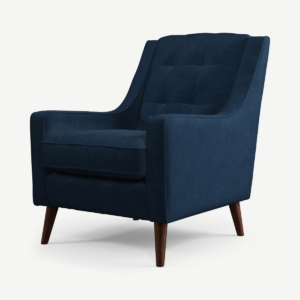 Atkinson Armchair, Navy Blue Recycled Velvet with Dark Wood Legs