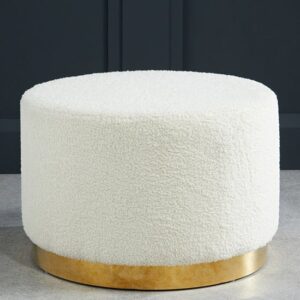 Lewes Large Boucle Fabric Pouffe In Ted White With Gold Base