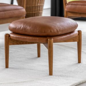 Dotson Leather Footstool With Wooden Frame In Vintage Brown
