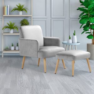 Wooden Legs Velvet Armchair Chair with Footrest