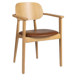 Romney Wooden Armchair With Vintage Tan Leather Seat In Natural